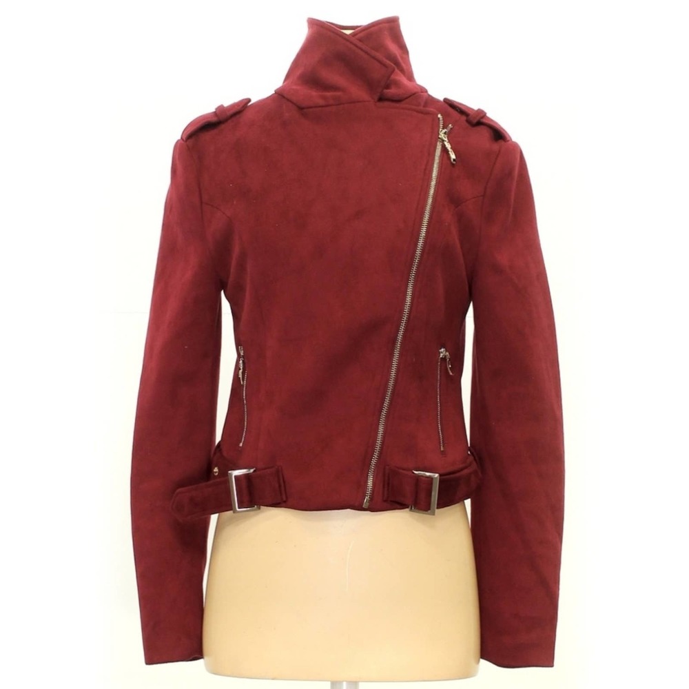 Romeo & Juliet Couture Faux Suede Moto Biker Jacket Medium Burgundy - Picture 3 of 12